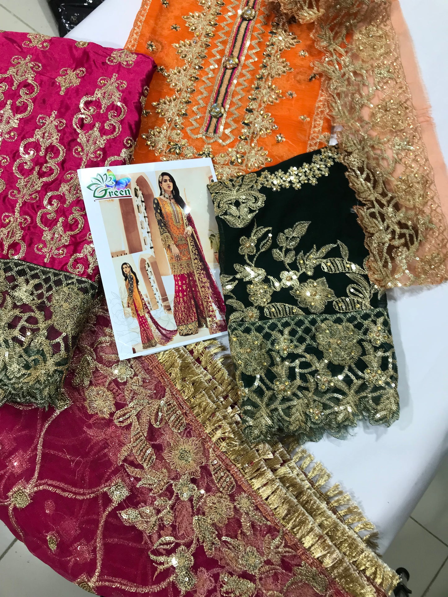 Emaan Adeel Designer Party Wear Unstitched Suit – Heavy Embroidered Chiffon & Silk 3PC Dress (Pink, Green, Yellow)