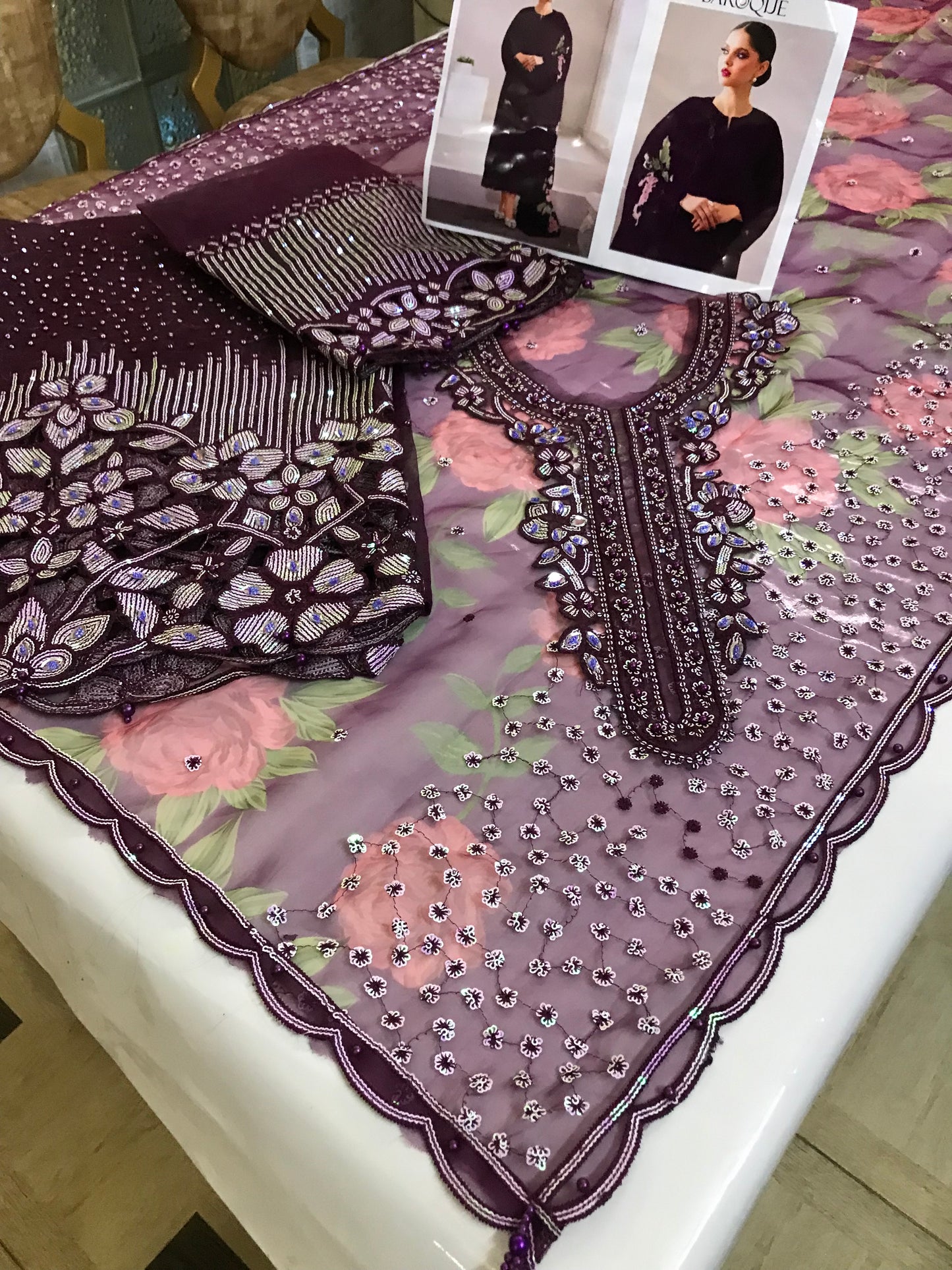 Baroque Chantelle Organza Unstitched 3-Piece Suit – Embroidered Shirt, Digital Printed Dupatta & Silk Trouser Maroon