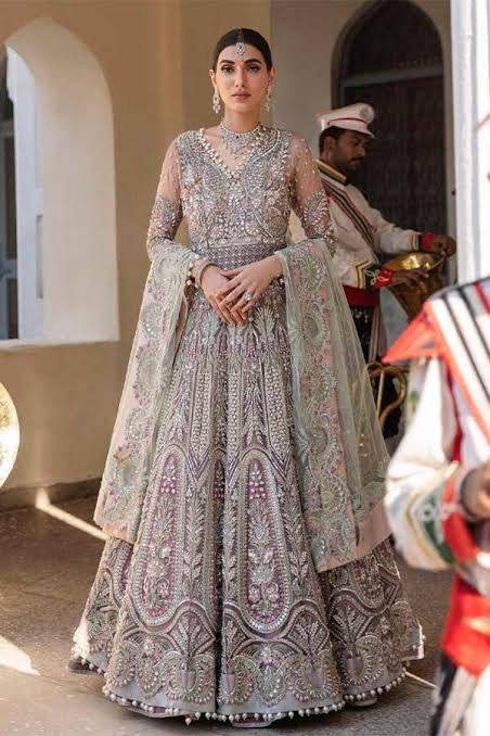 Elaf Veer by Shehr Banu – Embroidered Net Maxi Dress with Heavy Handwork | 12-Panel Flared Wedding Dress | Tea Pink & Aqua Green Dupatta