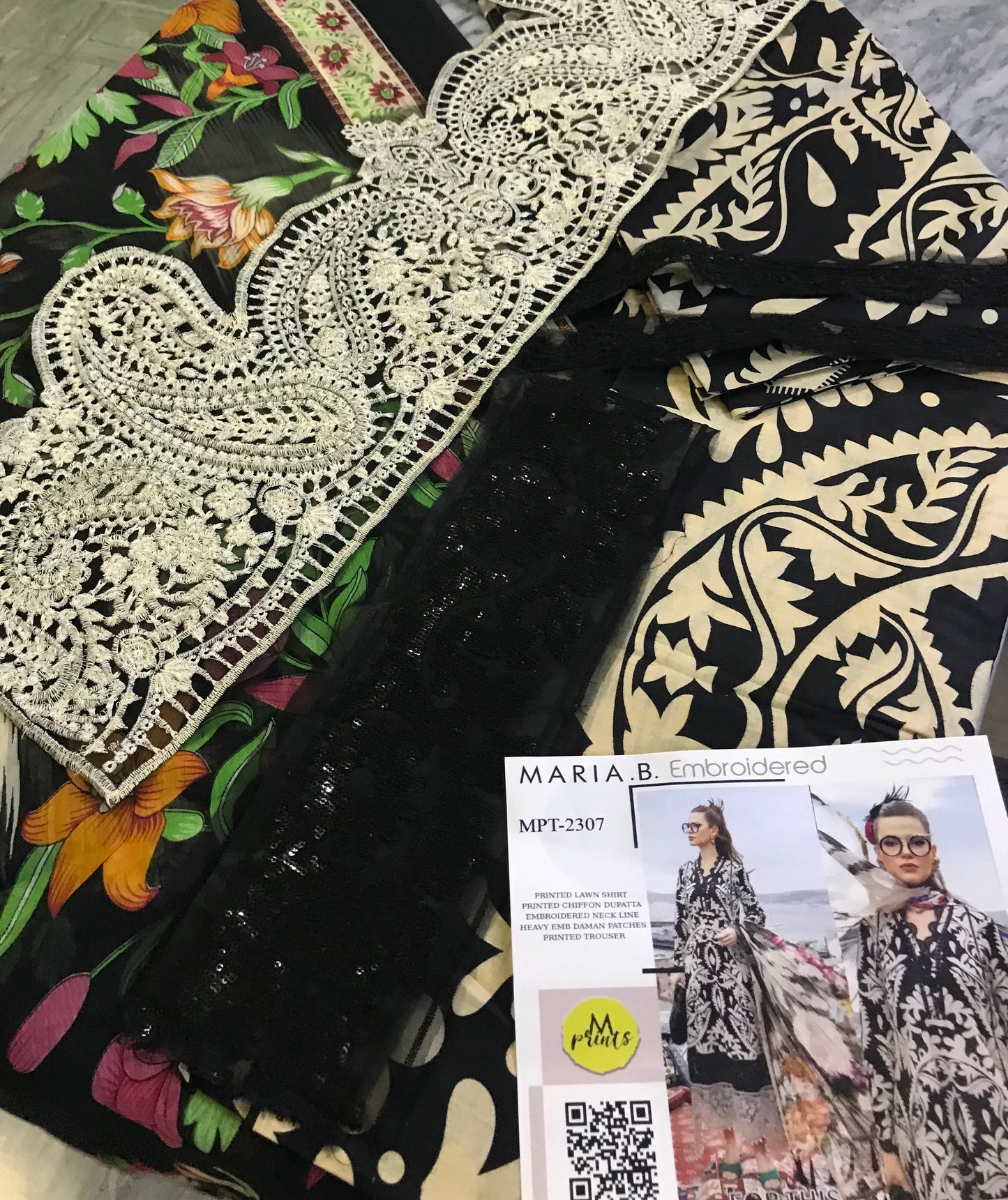 Maria.B MPrints Unstitched Pure Lawn 3Pc Suit – MPT-2307-B (Beige & Black)