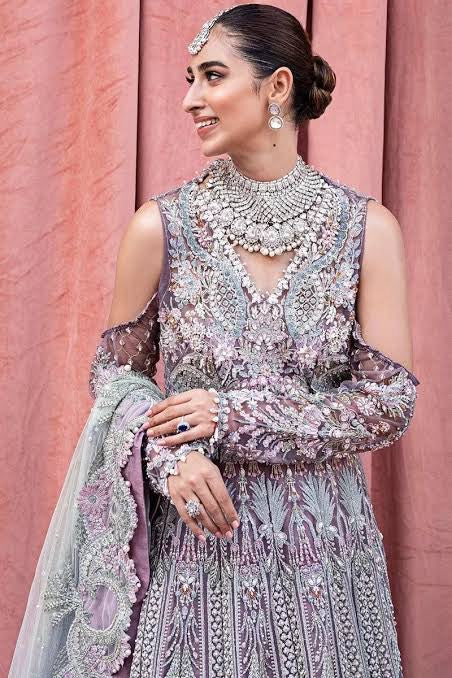 Elaf Veer by Shehr Banu – Embroidered Net Maxi Dress with Heavy Handwork | 12-Panel Flared Wedding Dress | Tea Pink & Aqua Green Dupatta