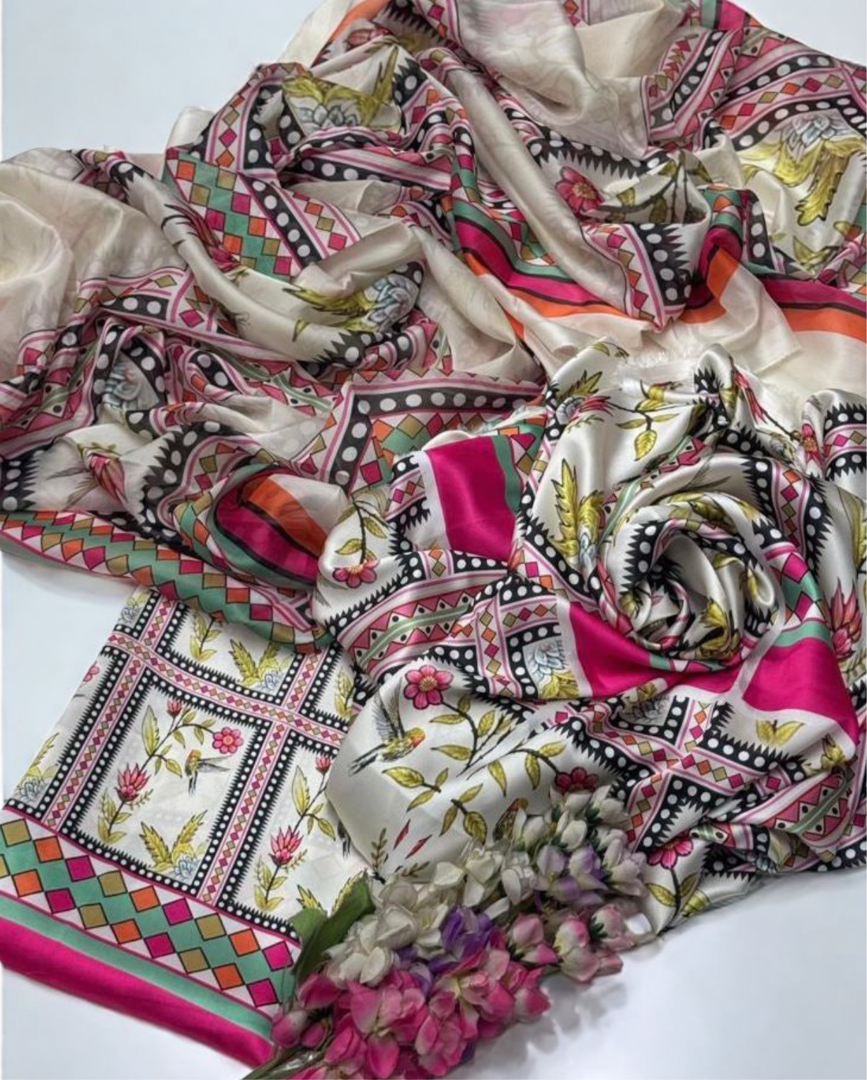 Digital Printed Charmeuse Silk Shirt & Trouser Set with Silk Dupatta – Luxury Loungewear & Party Wear