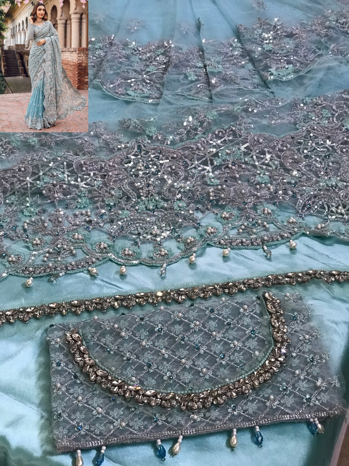 MARIA B DESIGNS MABEL NET EMBROIDERED ICE BLUE SAREE