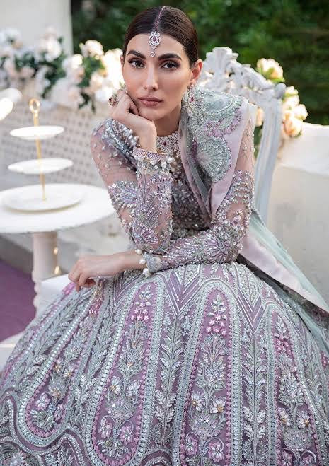 Elaf Veer by Shehr Banu – Embroidered Net Maxi Dress with Heavy Handwork | 12-Panel Flared Wedding Dress | Tea Pink & Aqua Green Dupatta
