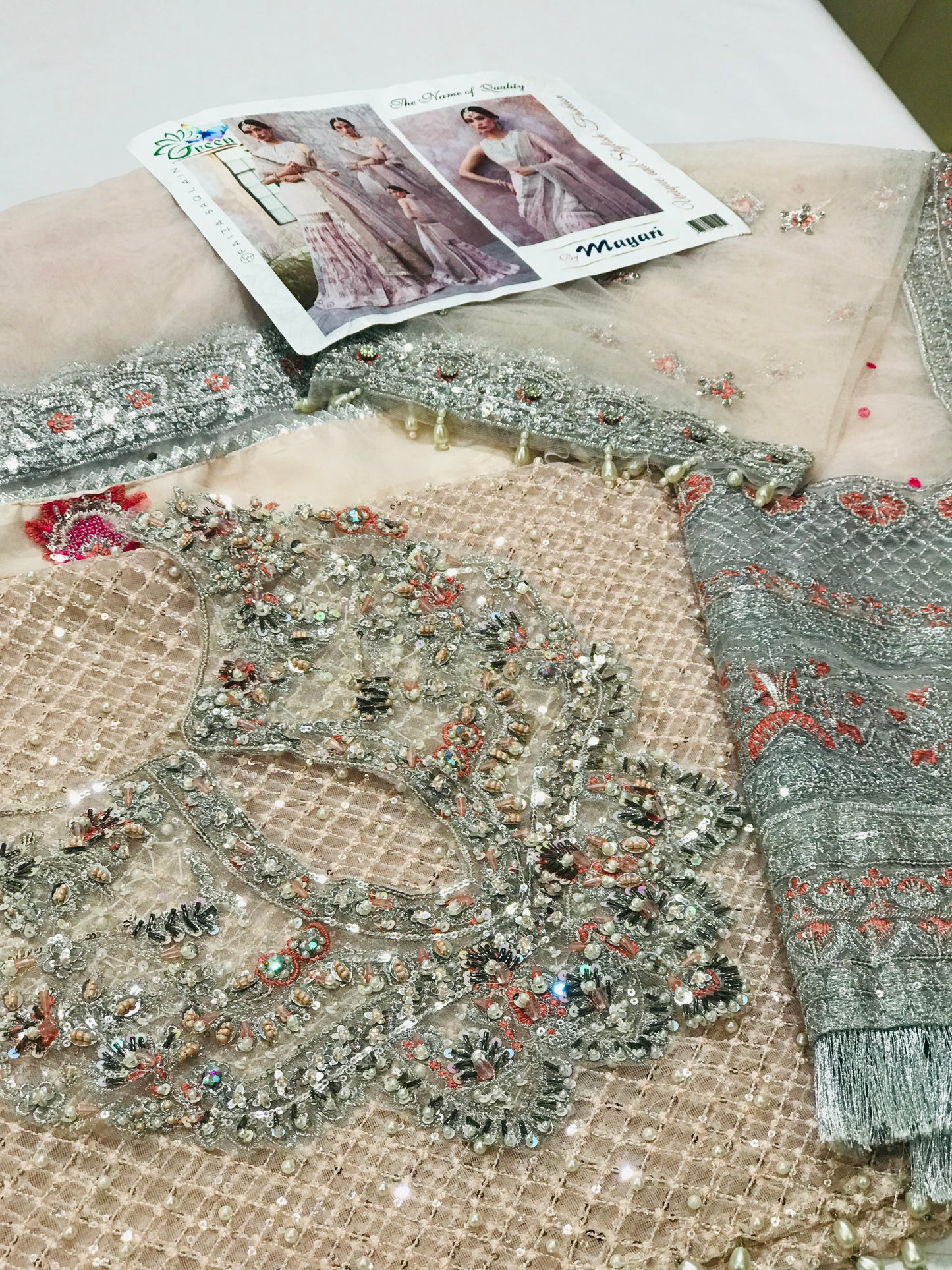 Faiza Saqlain Designer Gharara Outfit – Embroidered Net Shirt & Gharara with Pearls & Tilla Work