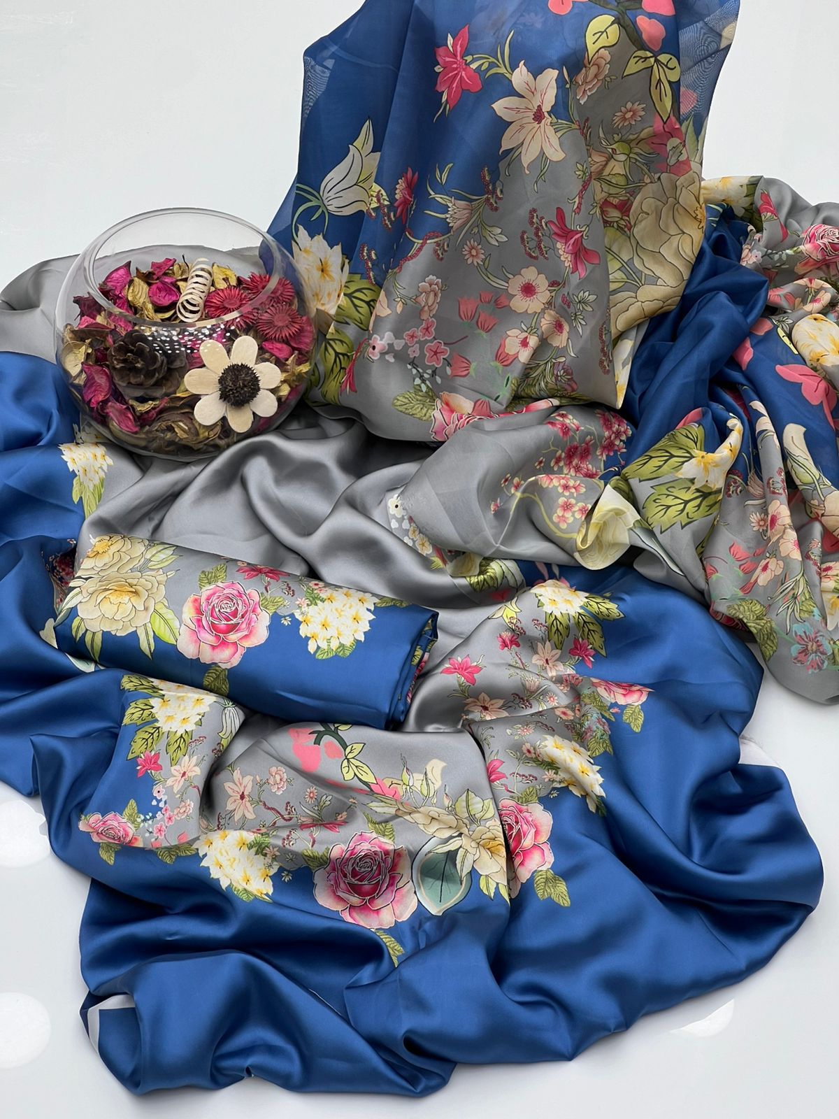 Digital Printed Charmeuse Silk Shirt & Trouser Set with Silk Dupatta – Luxury Loungewear & Party Wear