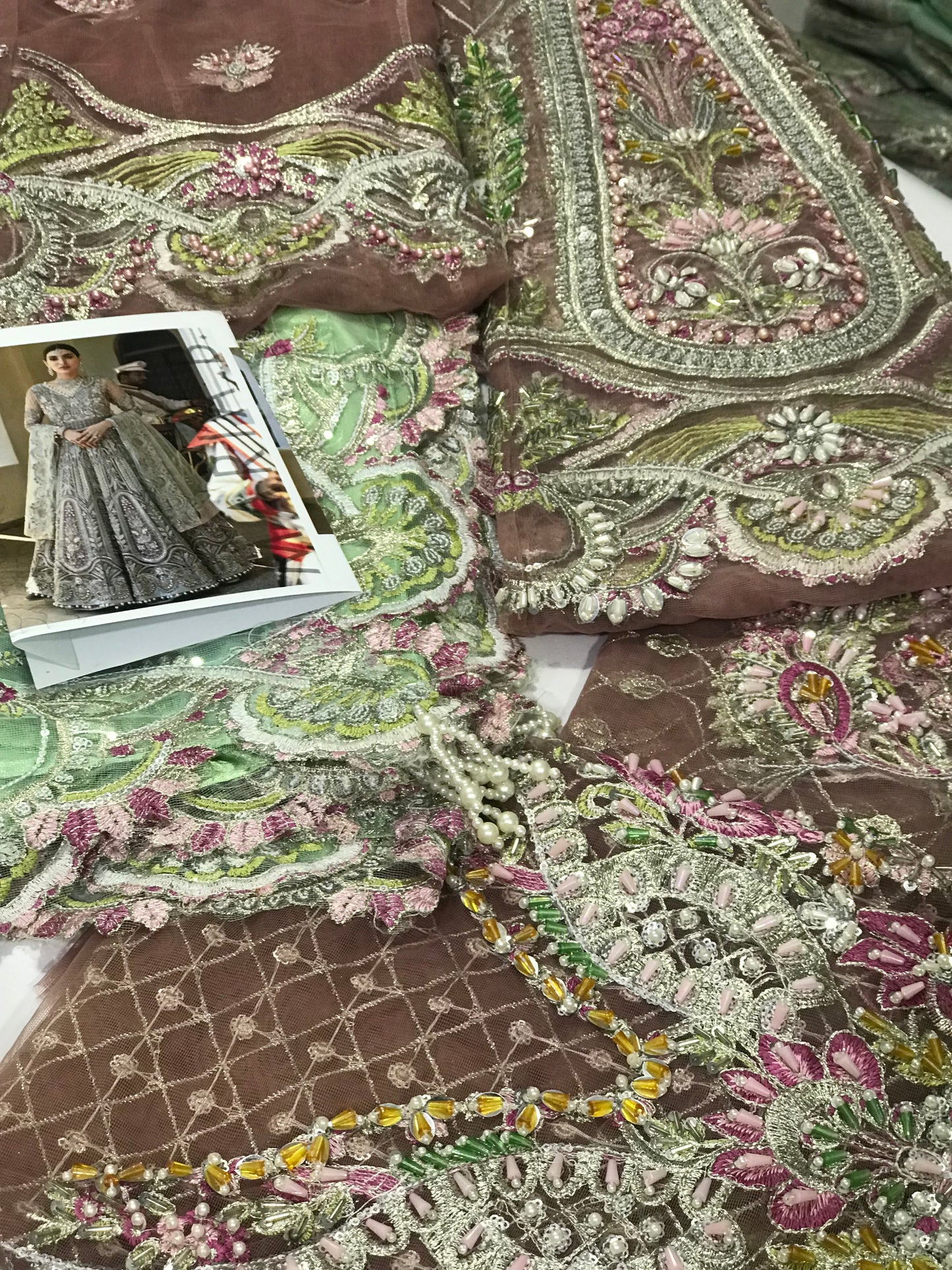 Elaf Veer by Shehr Banu – Embroidered Net Maxi Dress with Heavy Handwork | 12-Panel Flared Wedding Dress | Tea Pink & Aqua Green Dupatta