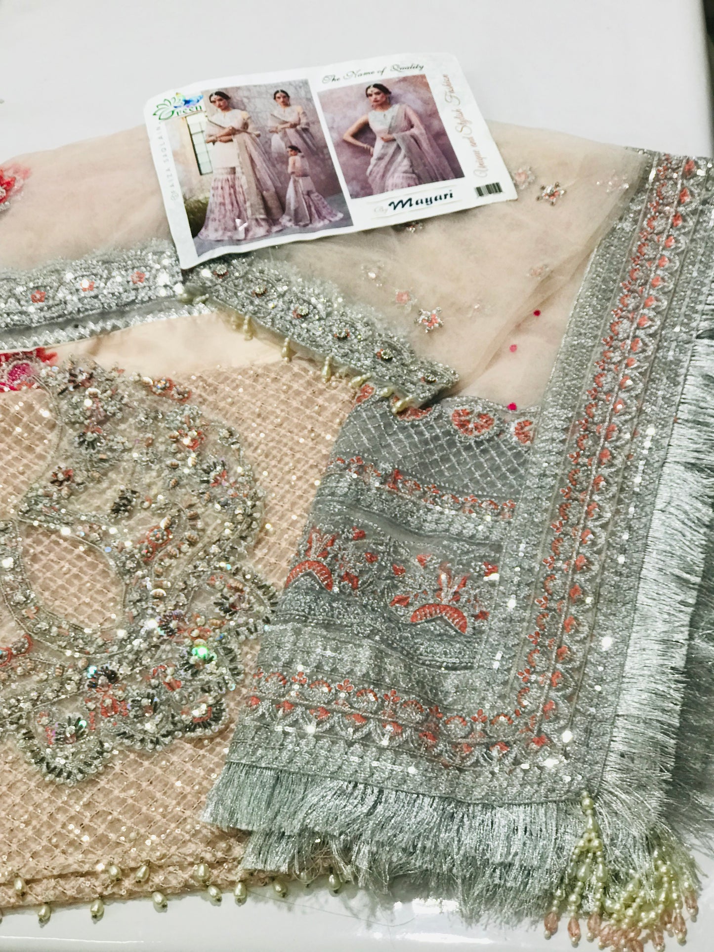 Faiza Saqlain Designer Gharara Outfit – Embroidered Net Shirt & Gharara with Pearls & Tilla Work