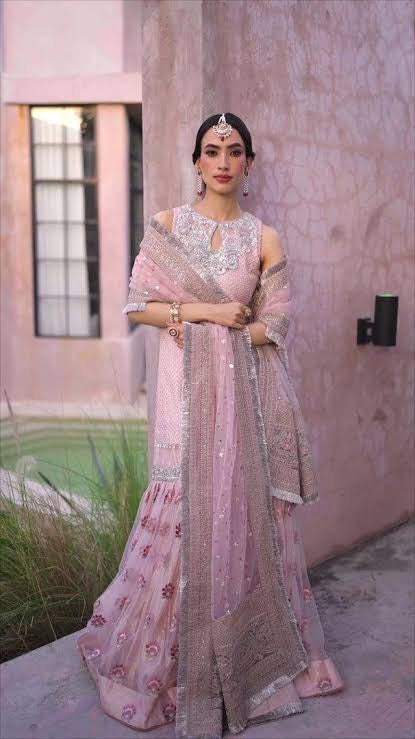 Faiza Saqlain Designer Gharara Outfit – Embroidered Net Shirt & Gharara with Pearls & Tilla Work