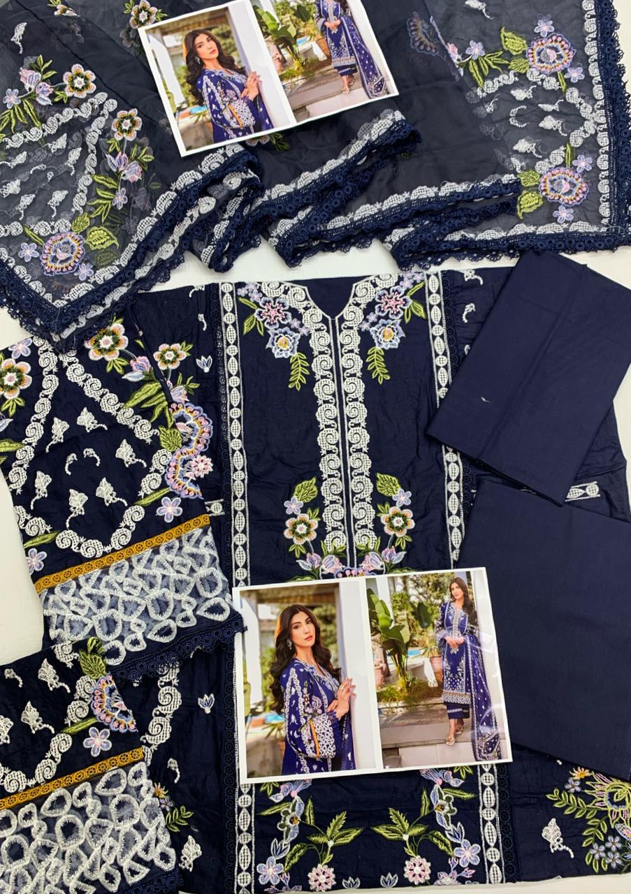 Luxury 3-Pc Unstitched Dress Set – Navy Blue | Egyptian Cotton Lawn | Heavy Thread Embroidered Shirt & Dupatta