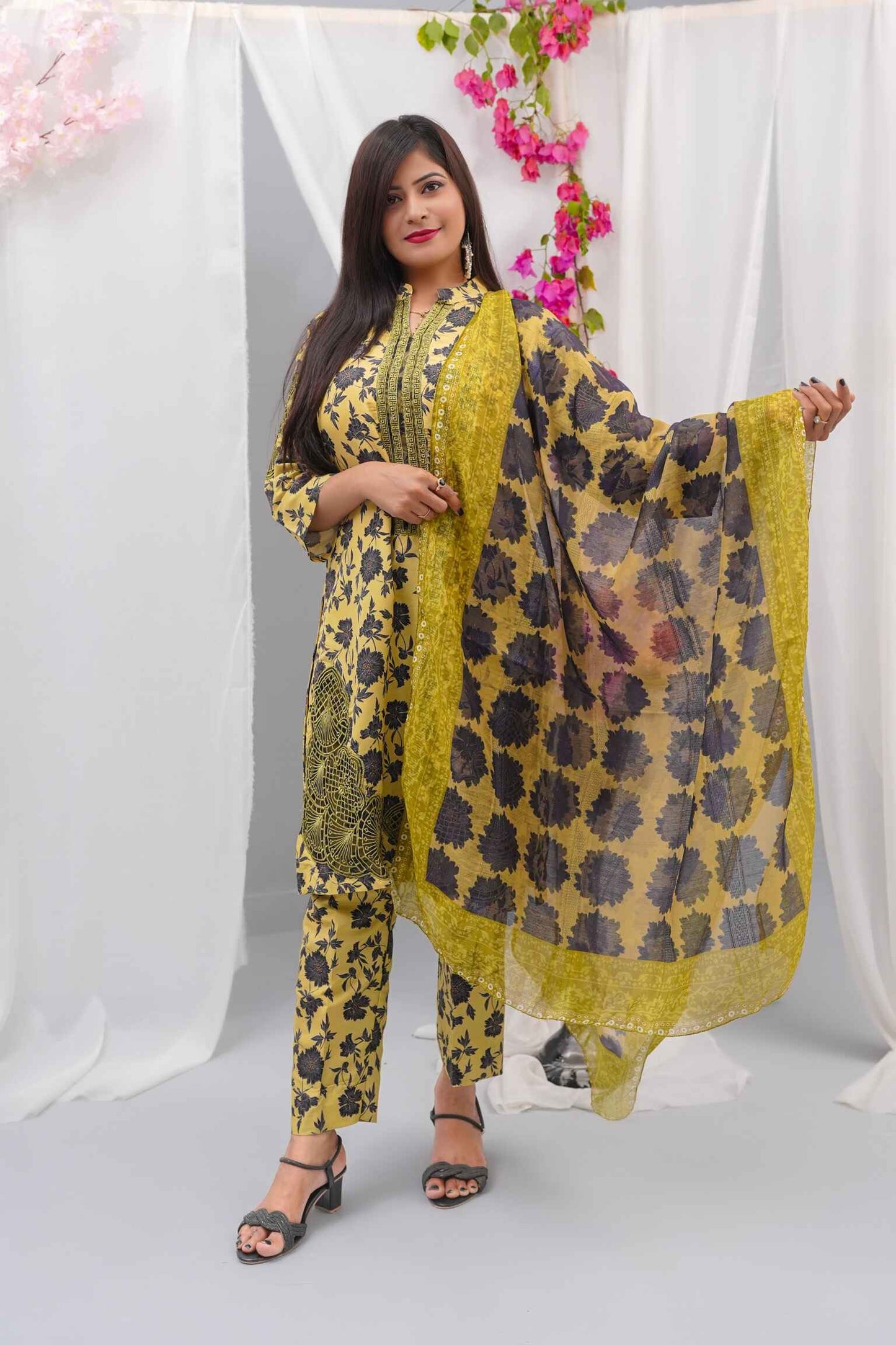 Swiss Premium Lawn 3-Piece Embroidered Suit (Shirt + Dupatta + Trouser) – Olive Floral