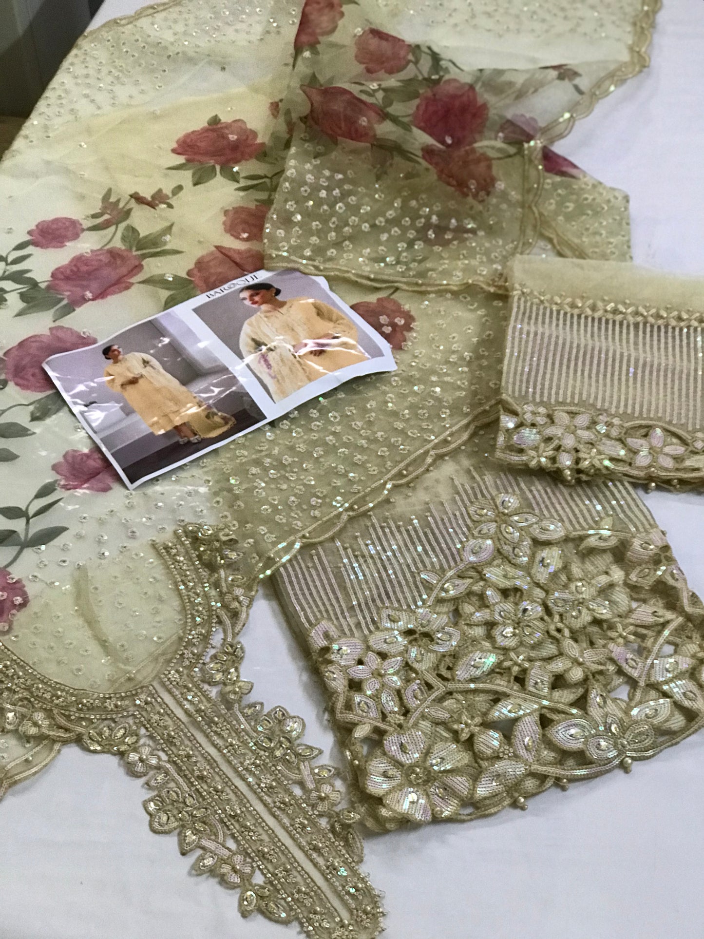 Baroque Chantelle Organza Unstitched 3-Piece Suit – Embroidered Shirt, Digital Printed Dupatta & Silk Trouser Black Beige