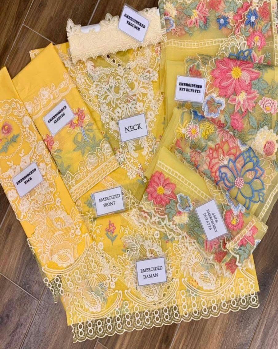 Crimson Luxury Chikankari Embroidered Lawn Suit with Heavy Embroidered Organza Dupatta & Cambric Trouser