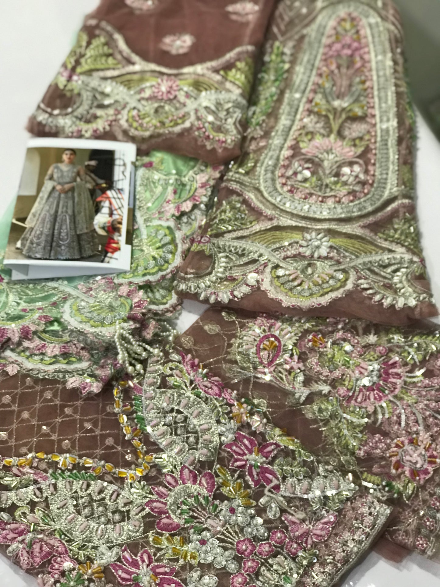 Elaf Veer by Shehr Banu – Embroidered Net Maxi Dress with Heavy Handwork | 12-Panel Flared Wedding Dress | Tea Pink & Aqua Green Dupatta