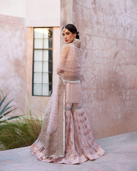 Faiza Saqlain Designer Gharara Outfit – Embroidered Net Shirt & Gharara with Pearls & Tilla Work