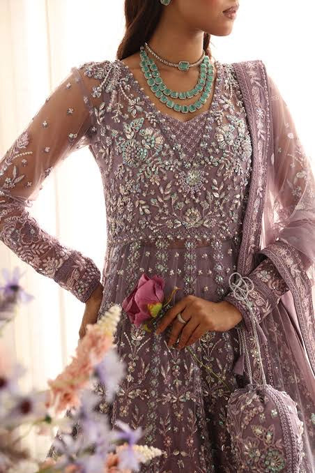 Gulal Zeva Tea Pink Embroidered Net Semi-Stitched Maxi Dress – 12 Panels, Heavy Sequined Handwork, 3PC Party Wear