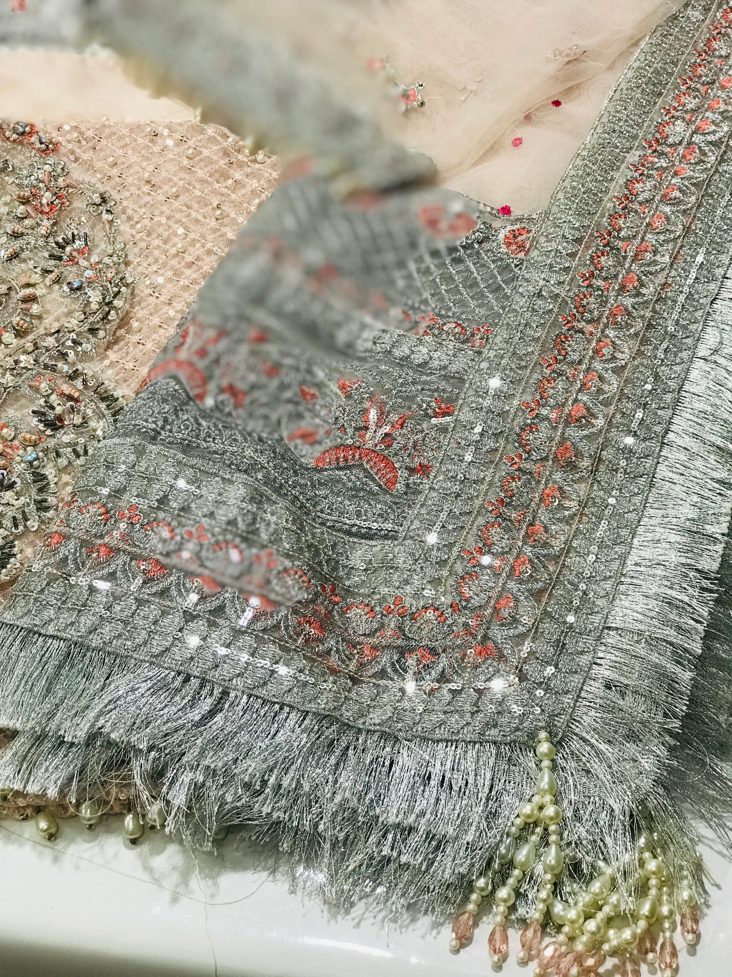 Faiza Saqlain Designer Gharara Outfit – Embroidered Net Shirt & Gharara with Pearls & Tilla Work