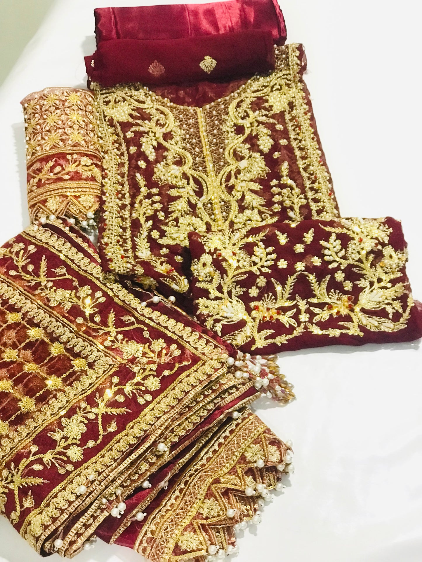 Gulal Valentina" Embroidered Chiffon Shirt with Tilla, Sequins & Pearl Daman + Heavy Zari Jaal Dupatta & Silk Trouser (Ethnic Bridal Wear)