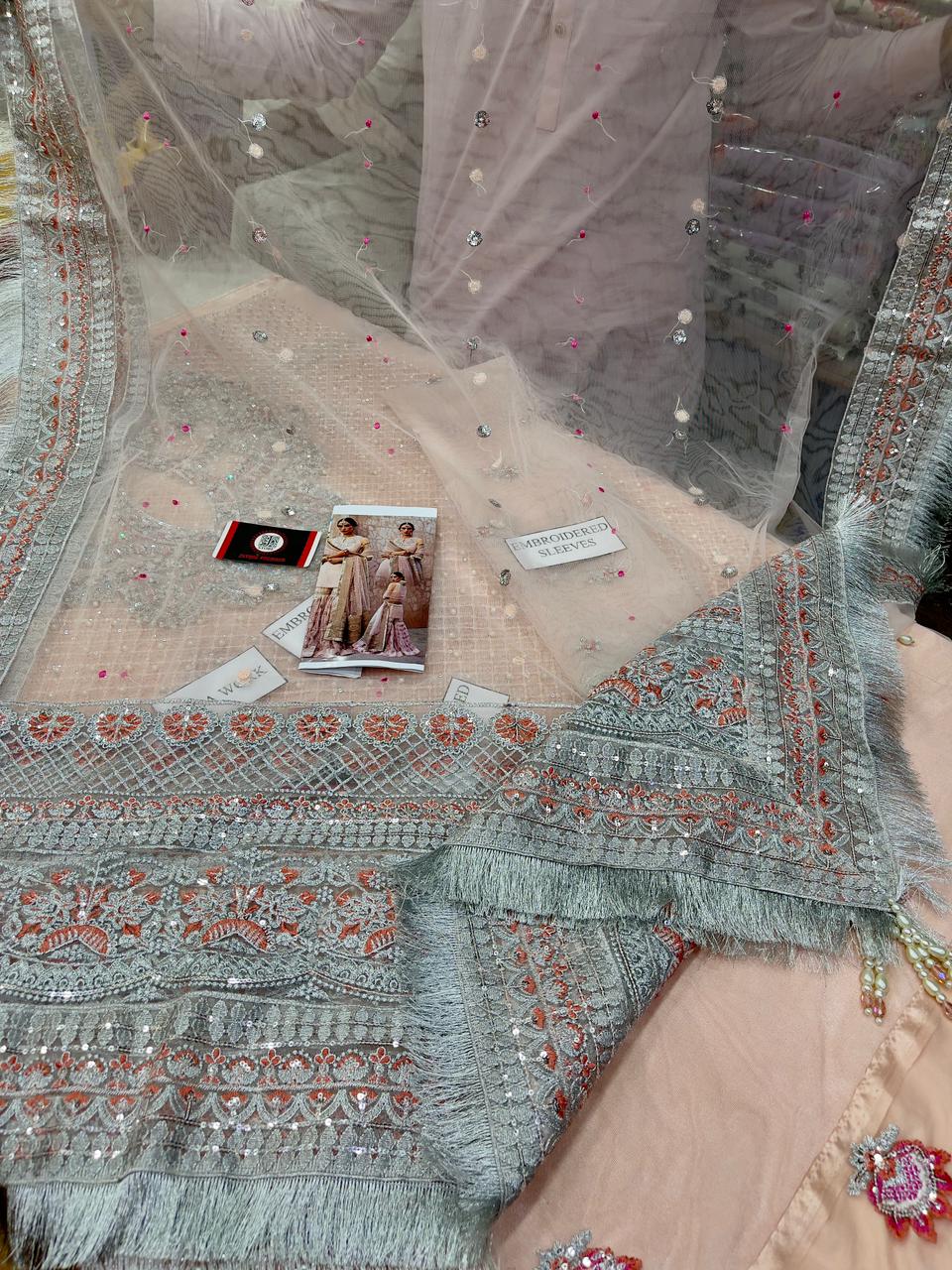 Faiza Saqlain Designer Gharara Outfit – Embroidered Net Shirt & Gharara with Pearls & Tilla Work