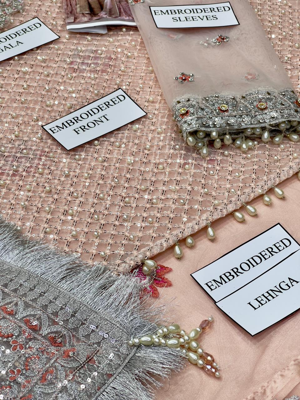 Faiza Saqlain Designer Gharara Outfit – Embroidered Net Shirt & Gharara with Pearls & Tilla Work