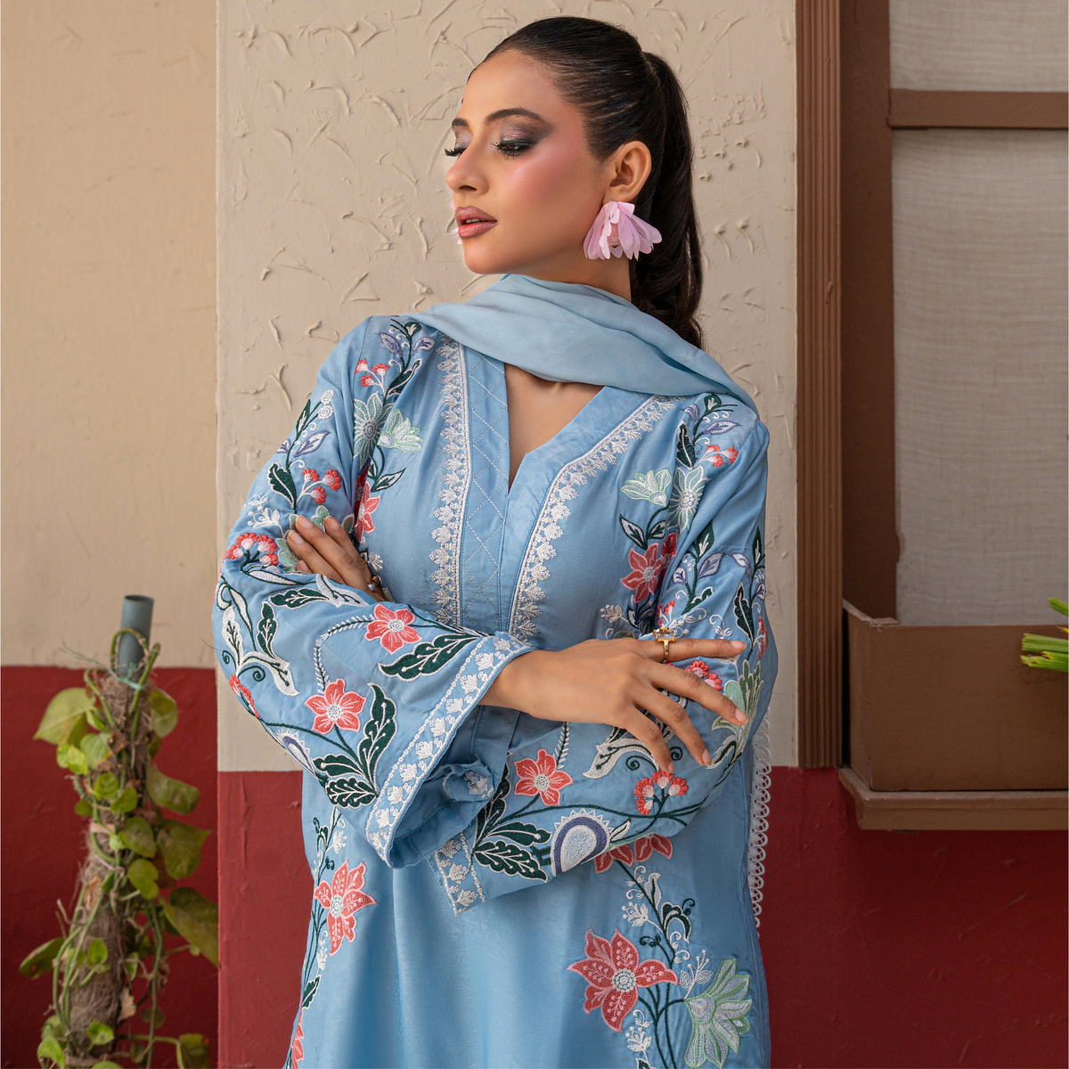 Luxury Velvet Silk Kaftan with Embroidered Silk Thread & Sequins | Matching Velvet Silk Trouser & Medium Silk Dupatta