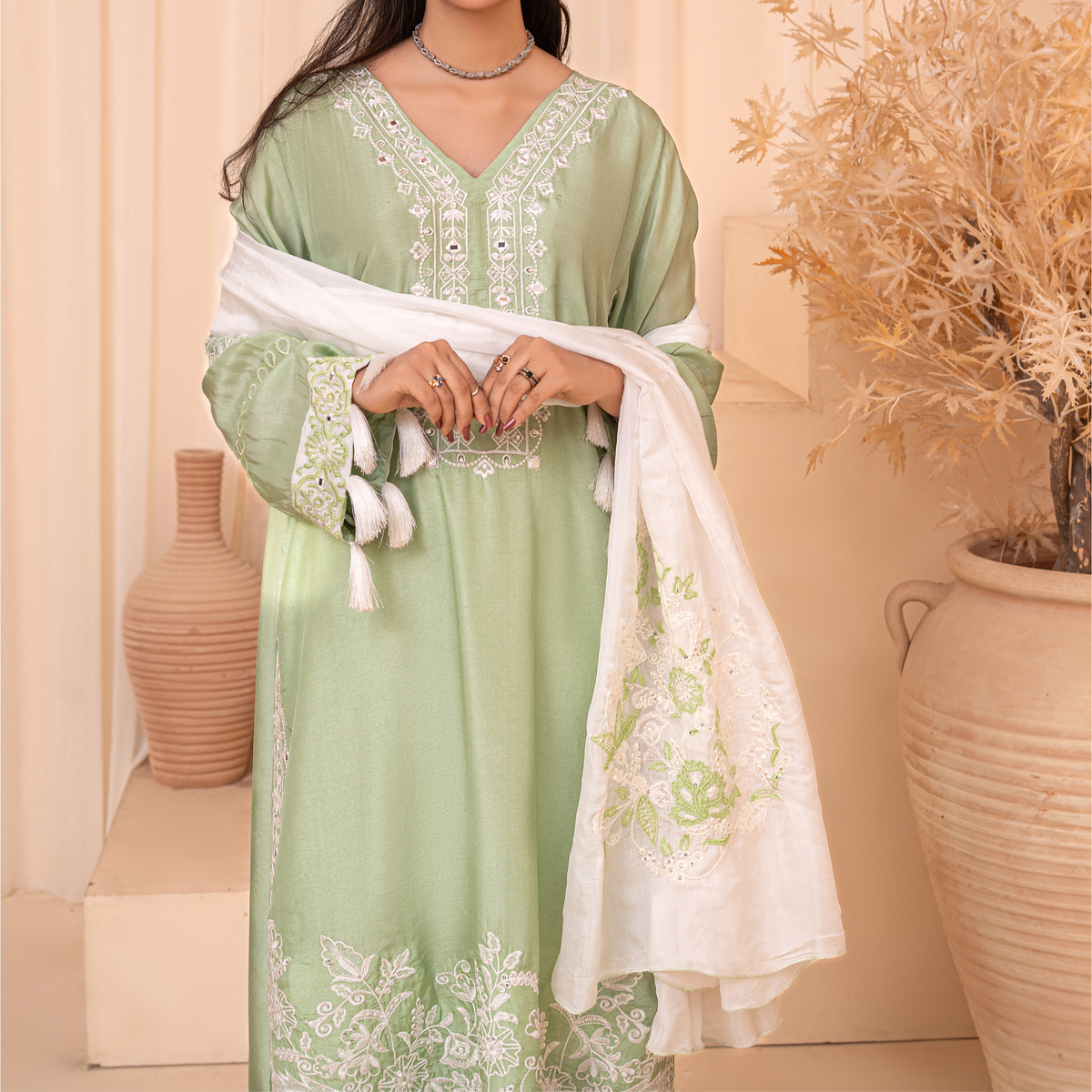 3-Piece Indian Tussle Silk Embroidered Kaftan Dress with Silk Dupatta & Crepe Silk Trouser