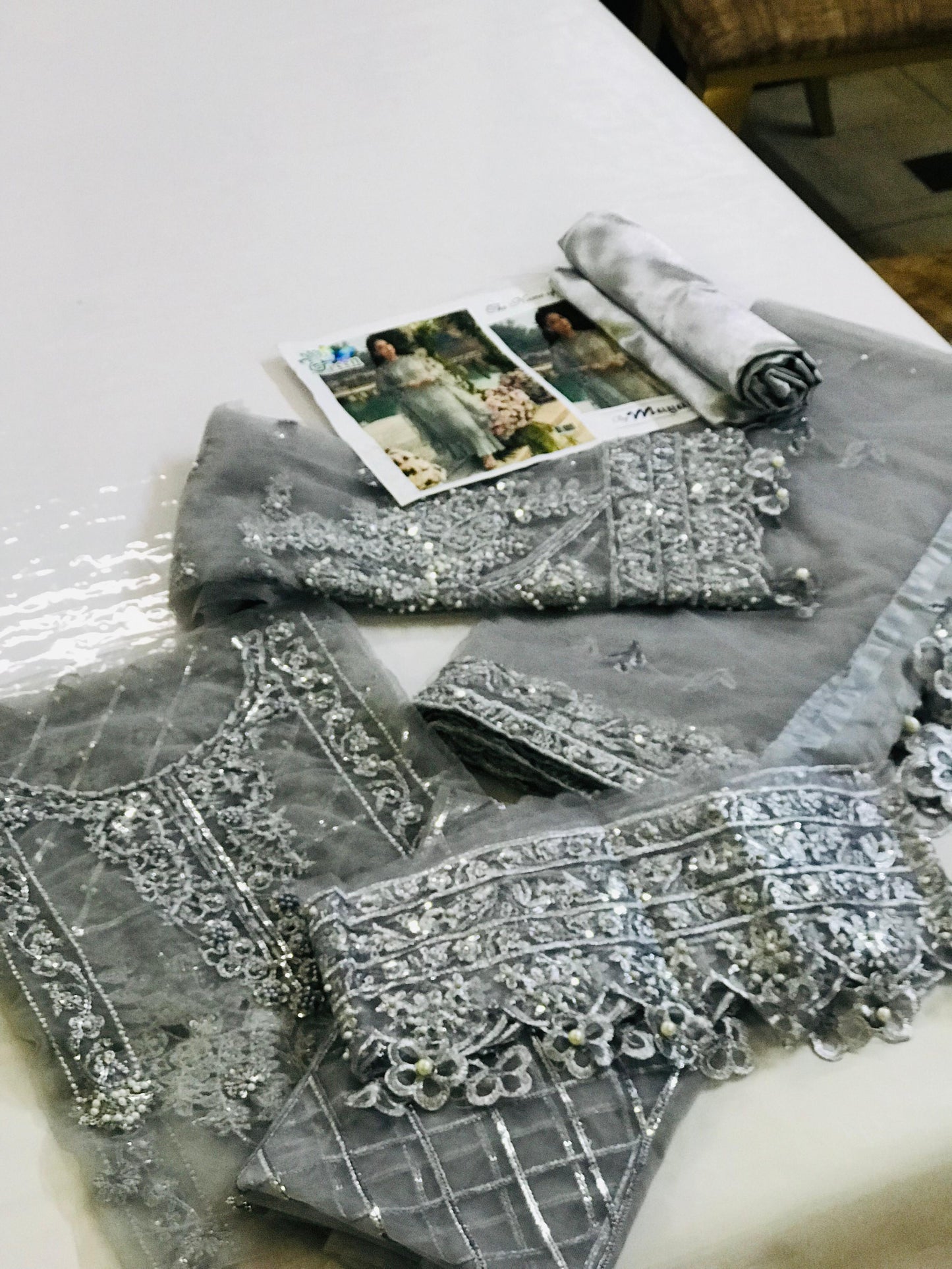 Meeral Luxe Grey | Net Embroidered Bridal Dress with Silk Trousers & Dupatta | Thread, Sequins & Pearl Work
