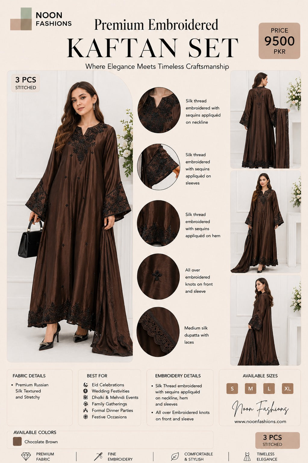 Premium Embroidered Russian Silk Kaftan Set (3 PCS Stitched) – Chocolate Brown