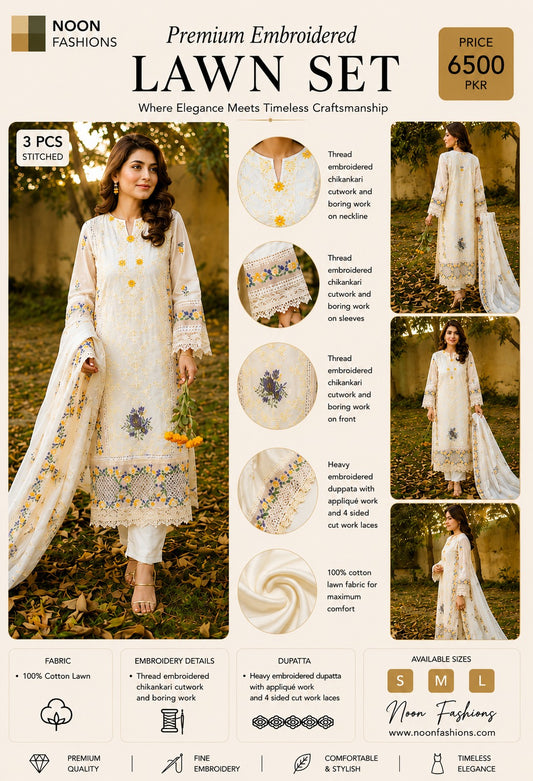 Premium Embroidered Chikankari Cotton Lawn Set (3 PCS Stitched) – Royal Black & Floral Accent