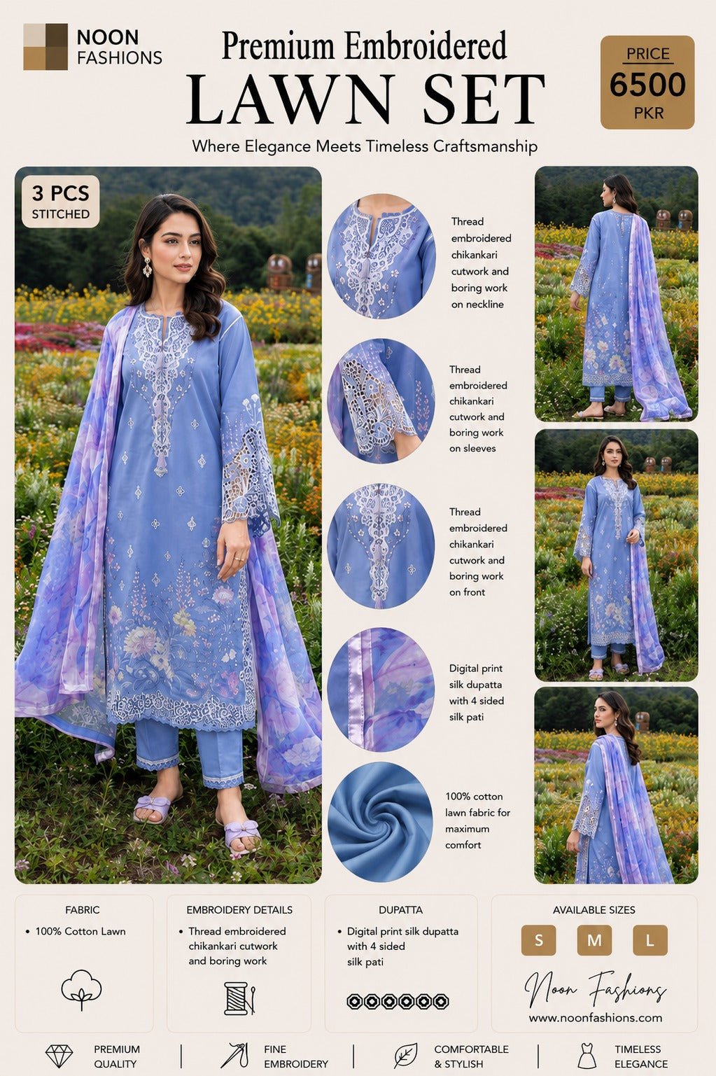 Premium Embroidered Chikankari Cotton Lawn Set (3 PCS Stitched) – Soft Periwinkle Blue