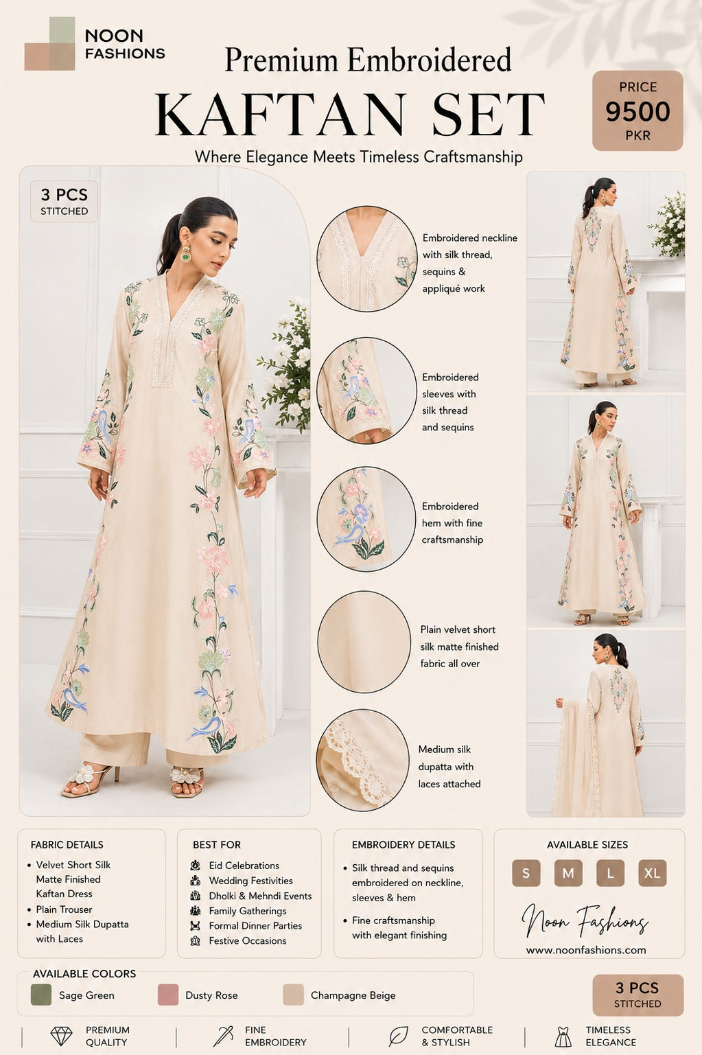Luxury Embroidered Russian Silk Kaftan – 3 Piece Stitched Set