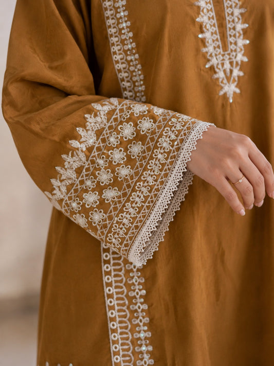 Pure Raw Silk Embroidered Suit with Crinkle Chiffon Dupatta – Mustard & Sage Green