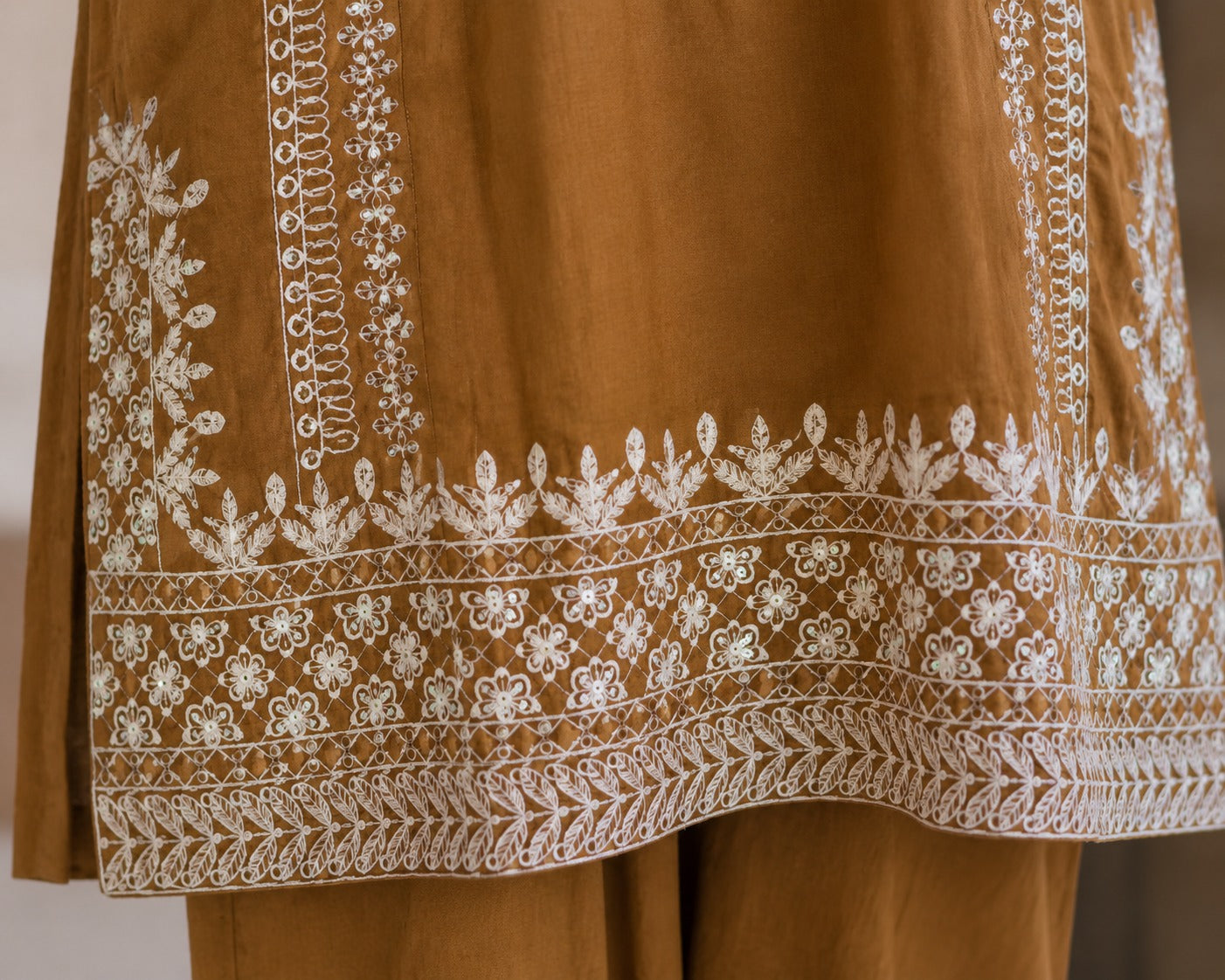 Pure Raw Silk Embroidered Suit with Crinkle Chiffon Dupatta – Mustard & Sage Green