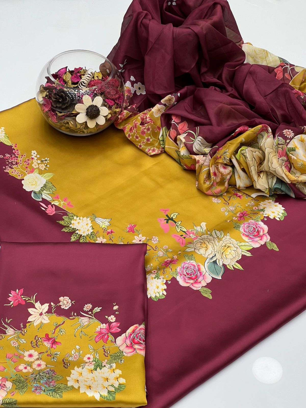 Digital Printed Charmeuse Silk Shirt & Trouser Set with Silk Dupatta – Luxury Loungewear & Party Wear