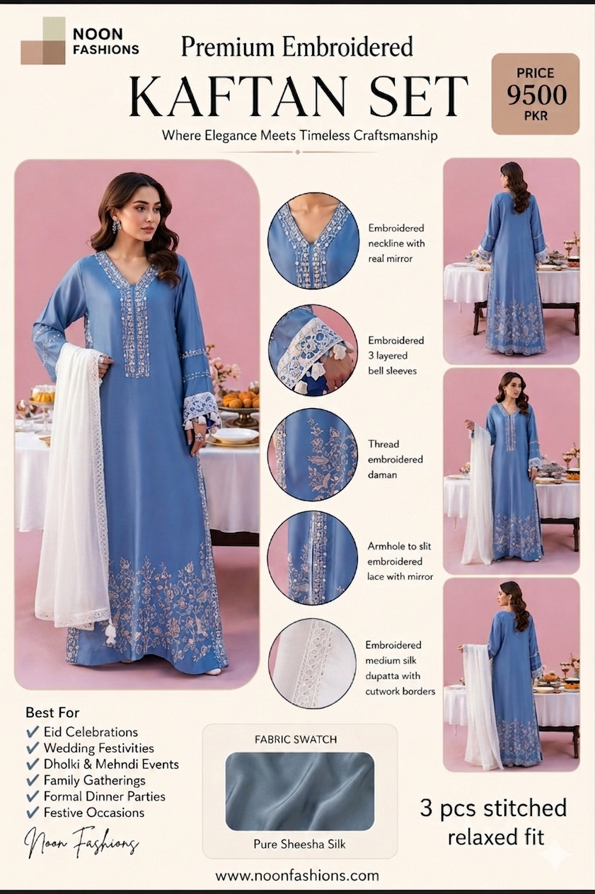 Premium Embroidered Pure Sheesha Silk Kaftan Set (3 PCS Stitched) – Powder Blue & White