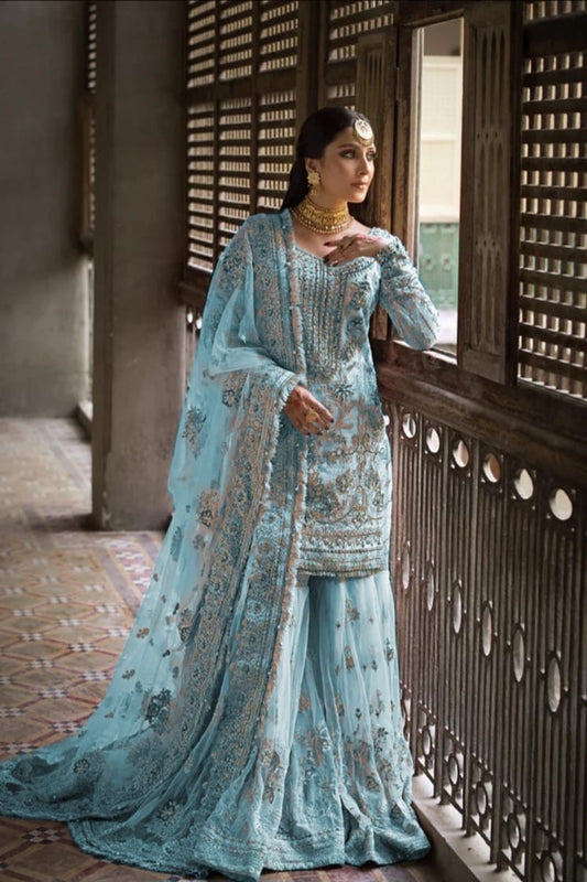 Luxury Net Embroidered Bridal Outfit Unstitched (4 Pc) – Shirt, Lehenga, Dupatta – Wedding & Valima Wear