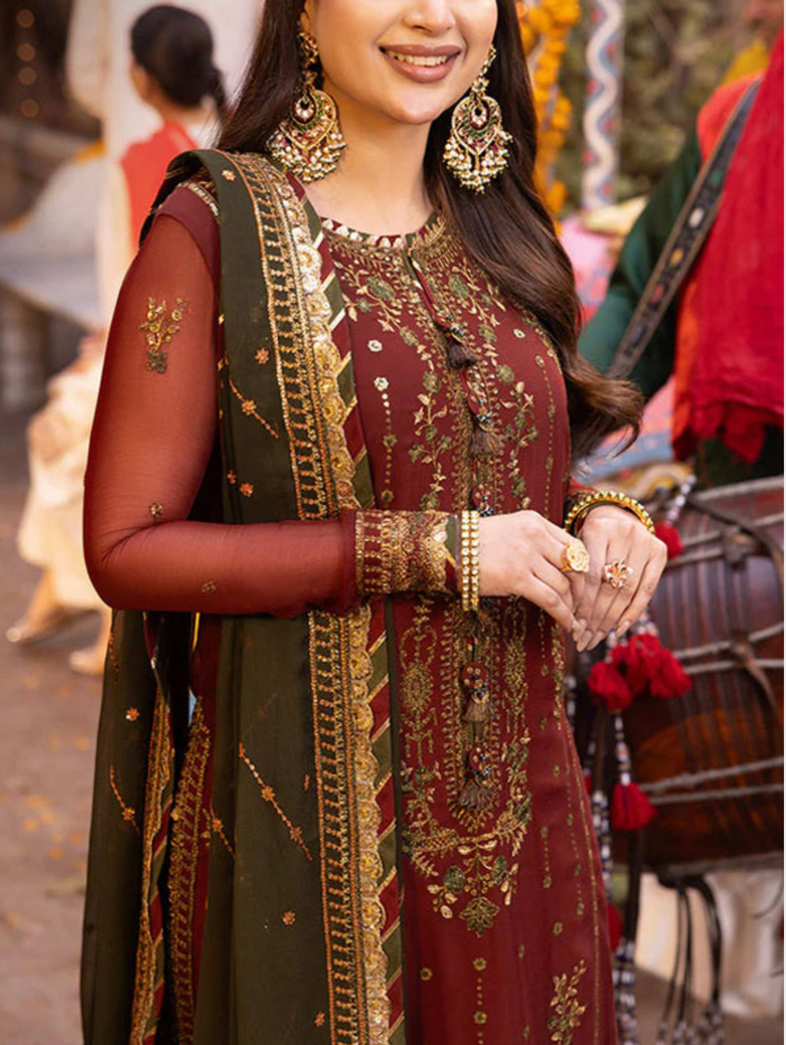 Embroidered Chiffon Dress Set (3 Pcs Unstitched) – Maroon & Green | Heavy Zari Thread & Sequins Work | Wedding Party Wear