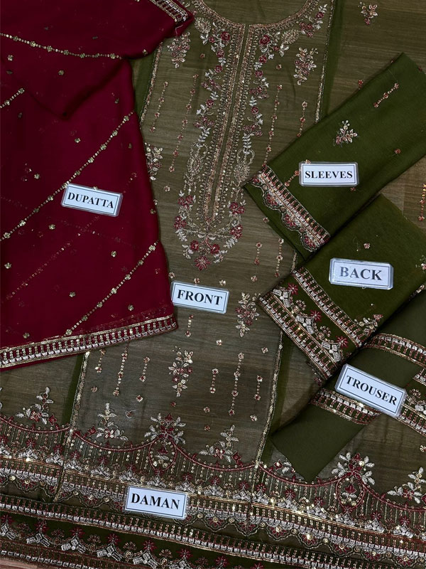 Embroidered Chiffon Dress Set (3 Pcs Unstitched) – Maroon & Green | Heavy Zari Thread & Sequins Work | Wedding Party Wear