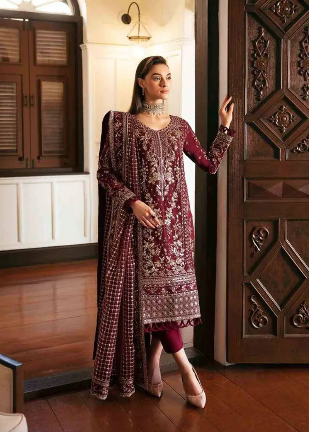 Gulal Valentina" Embroidered Chiffon Shirt with Tilla, Sequins & Pearl Daman + Heavy Zari Jaal Dupatta & Silk Trouser (Ethnic Bridal Wear)