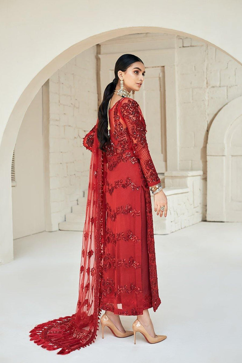 MARYAM HUSSAIN RED DRESS LUXURY FORMALS HEAVY NET EMBROIDERED WITH SEQUINS BEADS EMBELLISHMENTS 