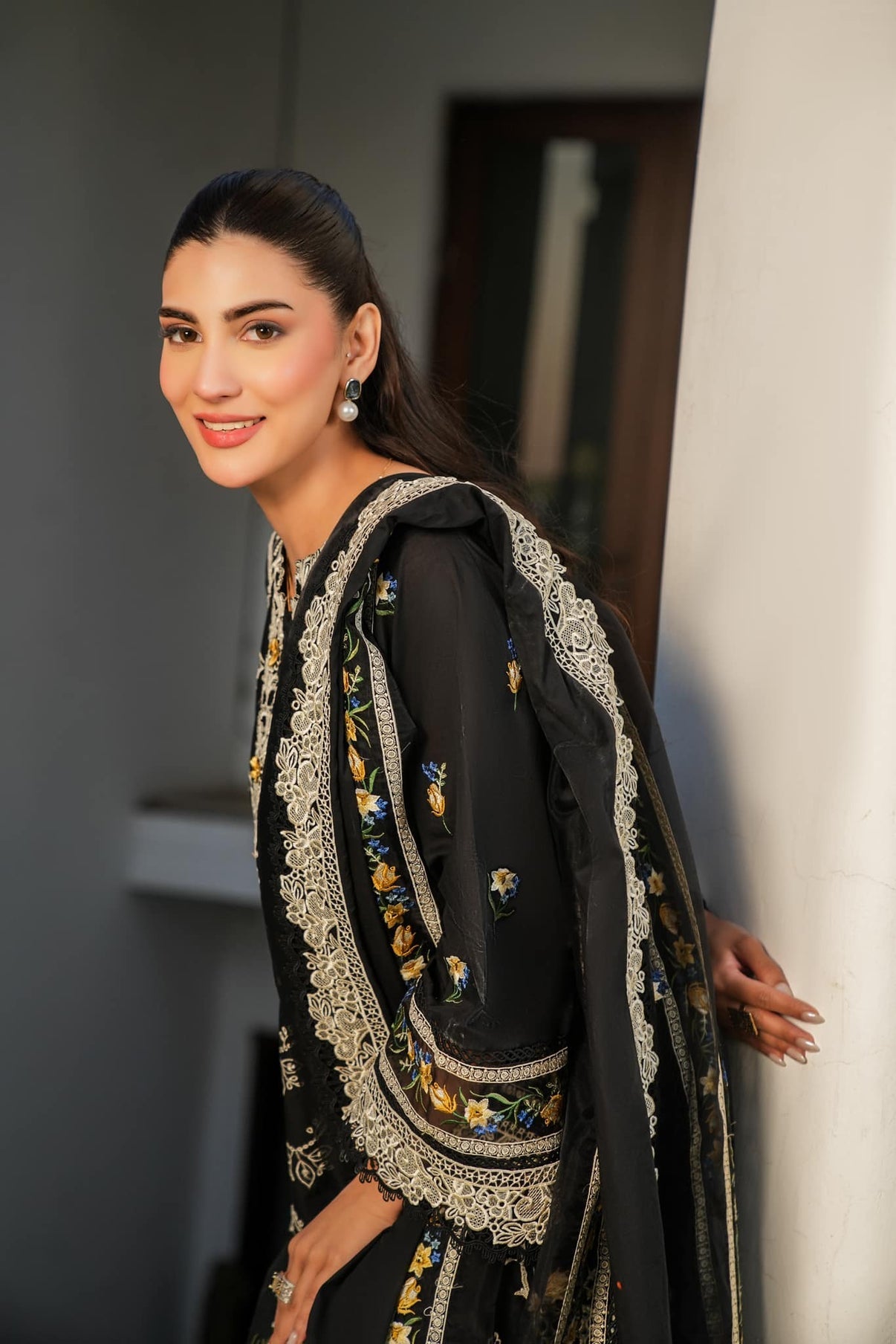 Elegant Black Cotton Chikankari Dress Set – Heavy Embroidery, Organza Dupatta & Plain Trouser | Unstitched Party Wear | Summer Brunch Outfit