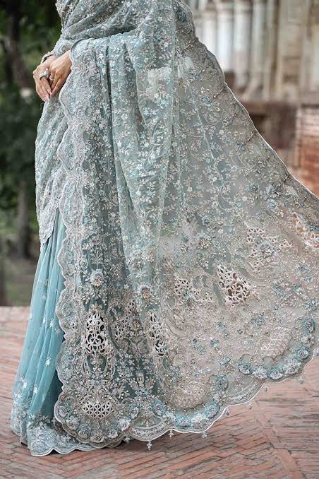 MARIA B DESIGNS MABEL NET EMBROIDERED ICE BLUE SAREE