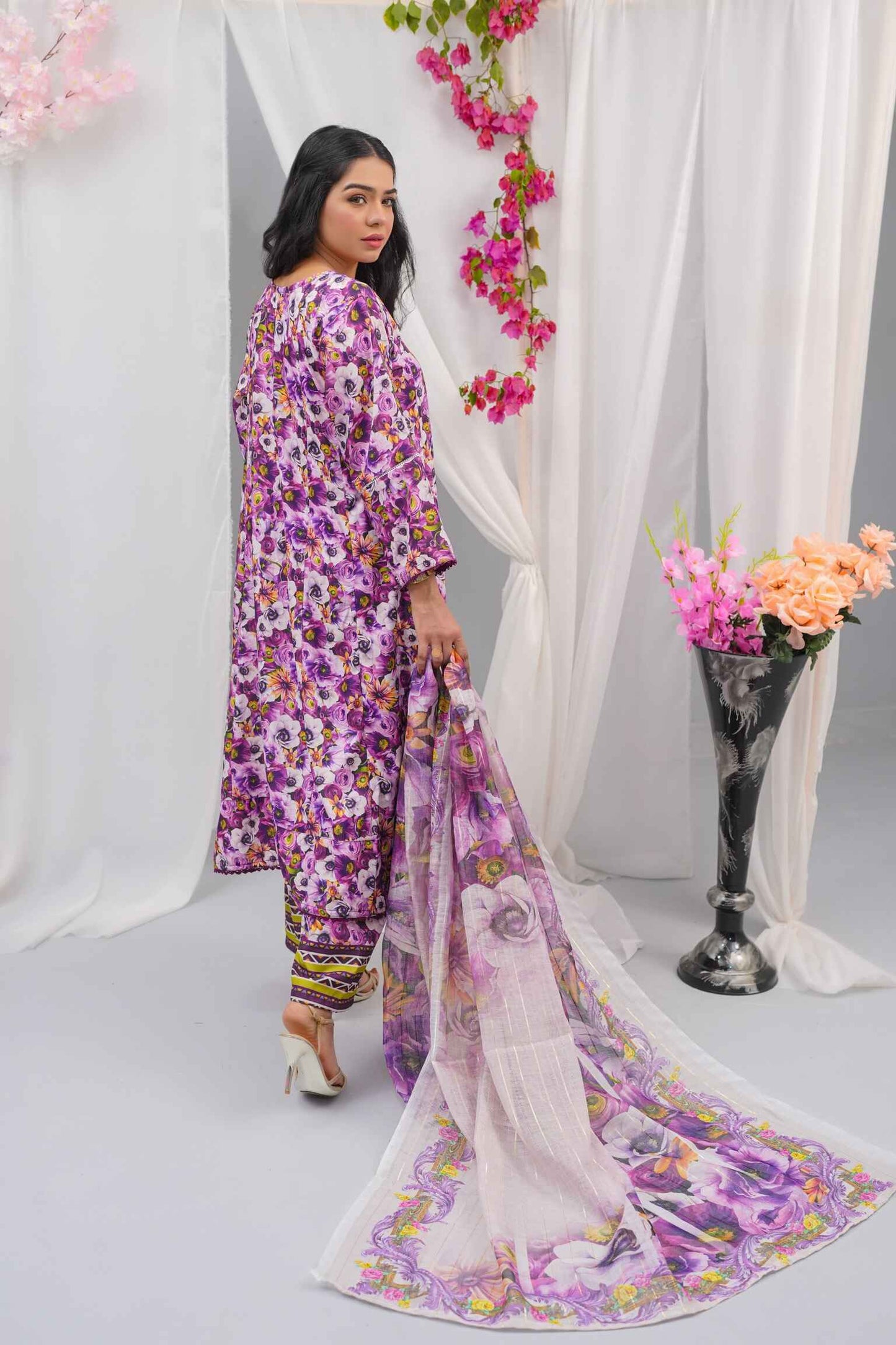 "3-Piece Stitched Swiss Lawn Dress (Shirt + Pants + Dupatta) – GPO Lace Panels | Summer Casual Wear | Sizes S/M/L"