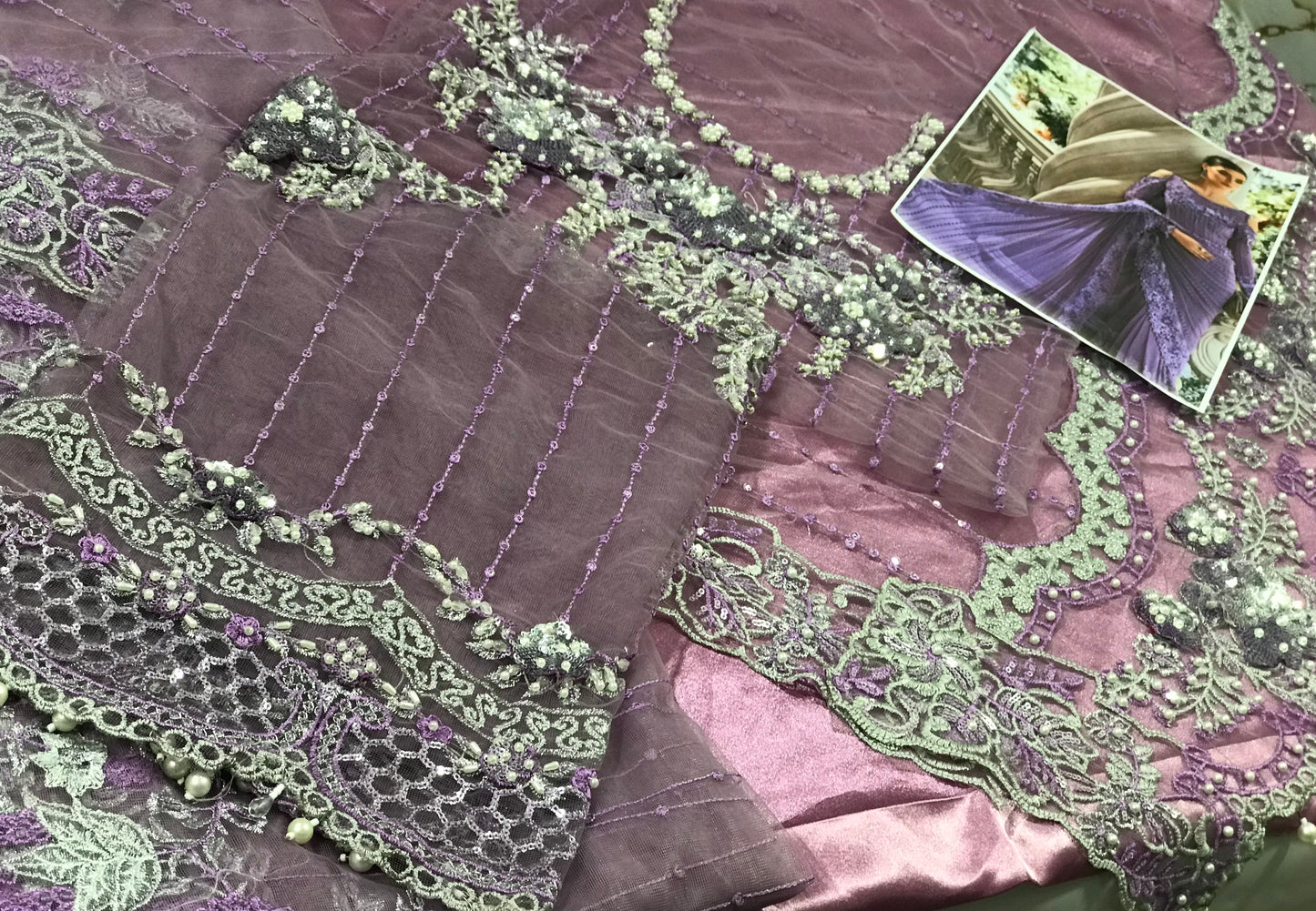 MARIA B NET EMBROIDERED SAREE WITH 3D FLOWERS ADDA HANDWORK PEARLS TASSELS 