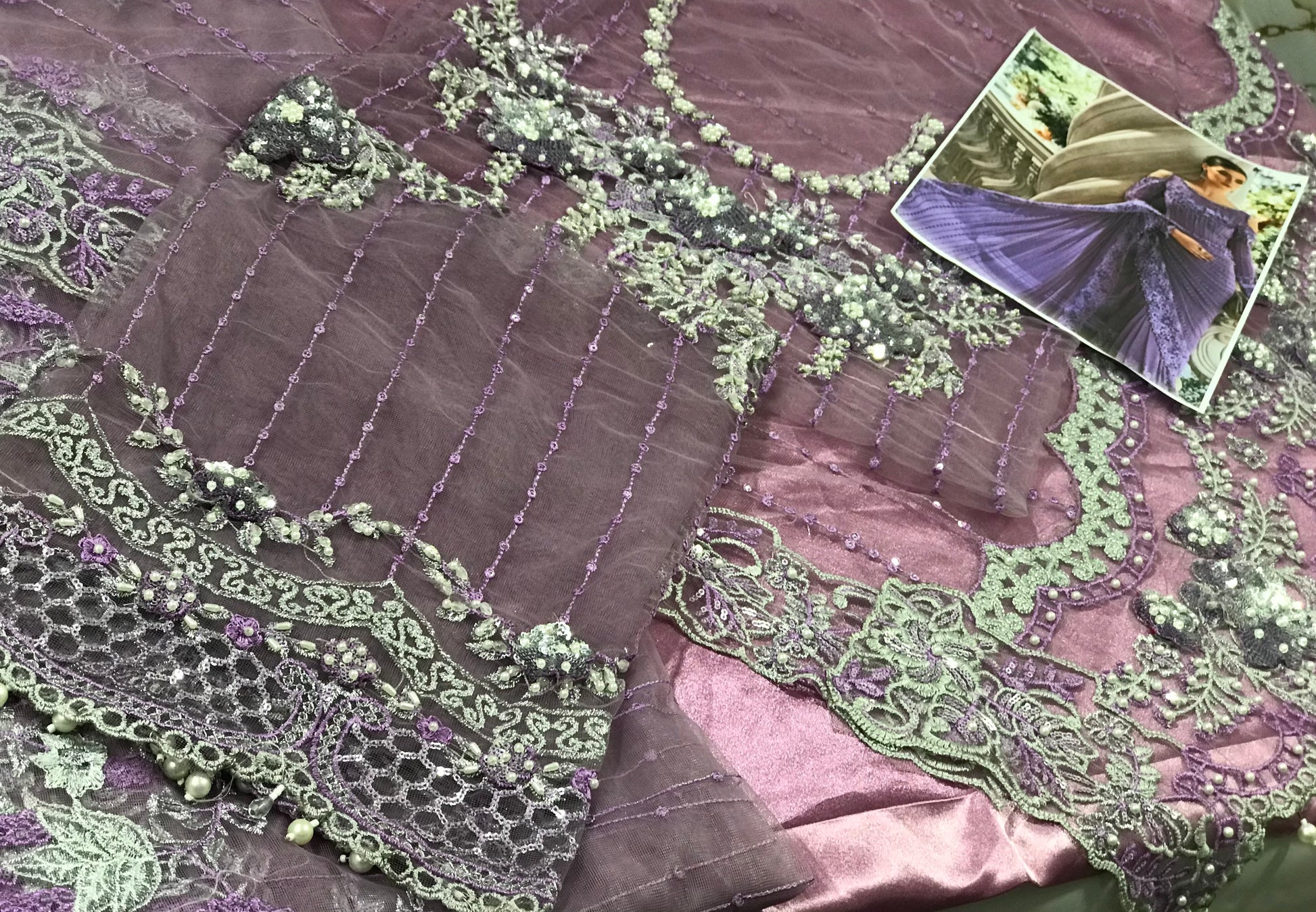 MARIA B NET EMBROIDERED SAREE WITH 3D FLOWERS ADDA HANDWORK PEARLS TASSELS 