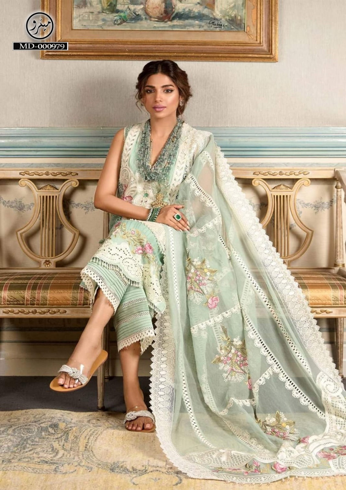 Crimson Brand Egyptian Cotton Lawn Shirt – Heavy Chikankari Embroidered with Organza Dupatta & Dyed Aqua Trouser