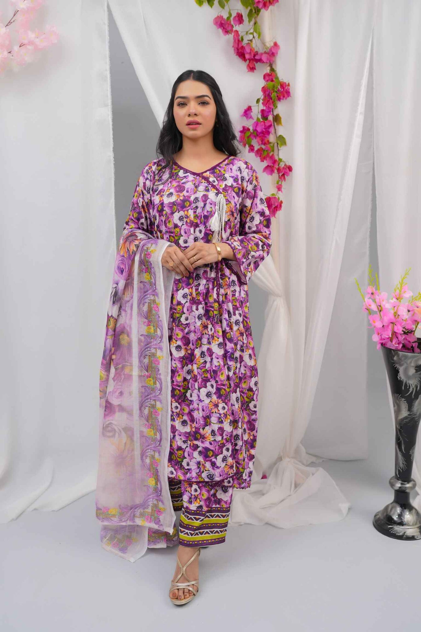 "3-Piece Stitched Swiss Lawn Dress (Shirt + Pants + Dupatta) – GPO Lace Panels | Summer Casual Wear | Sizes S/M/L"
