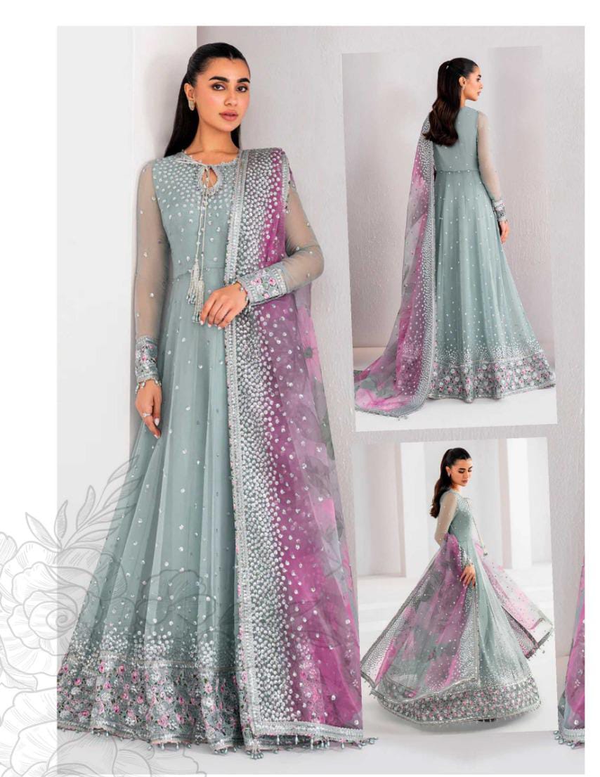 "Pink Aqua Chiffon Maxi with Net Dupatta & Silk Trouser – Embroidered Zari Work, Sequins, and Stones"