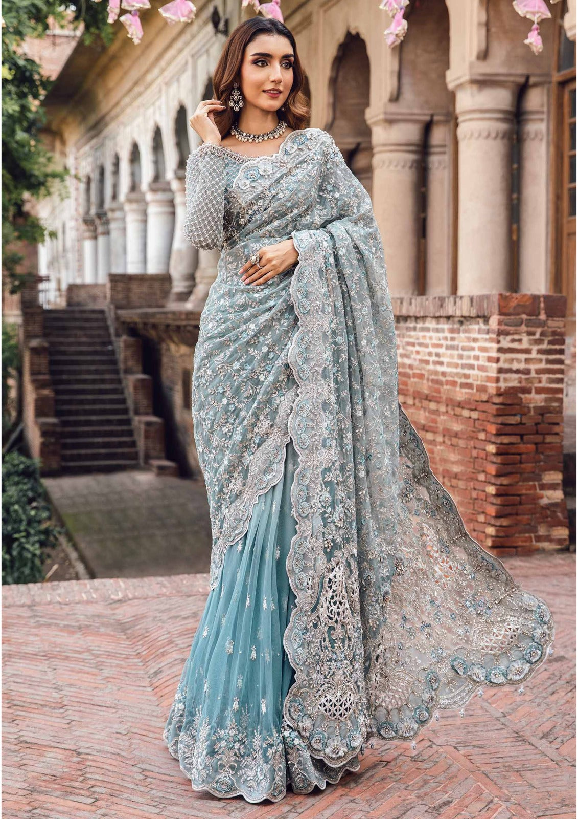 MARIA B DESIGNS MABEL NET EMBROIDERED ICE BLUE SAREE