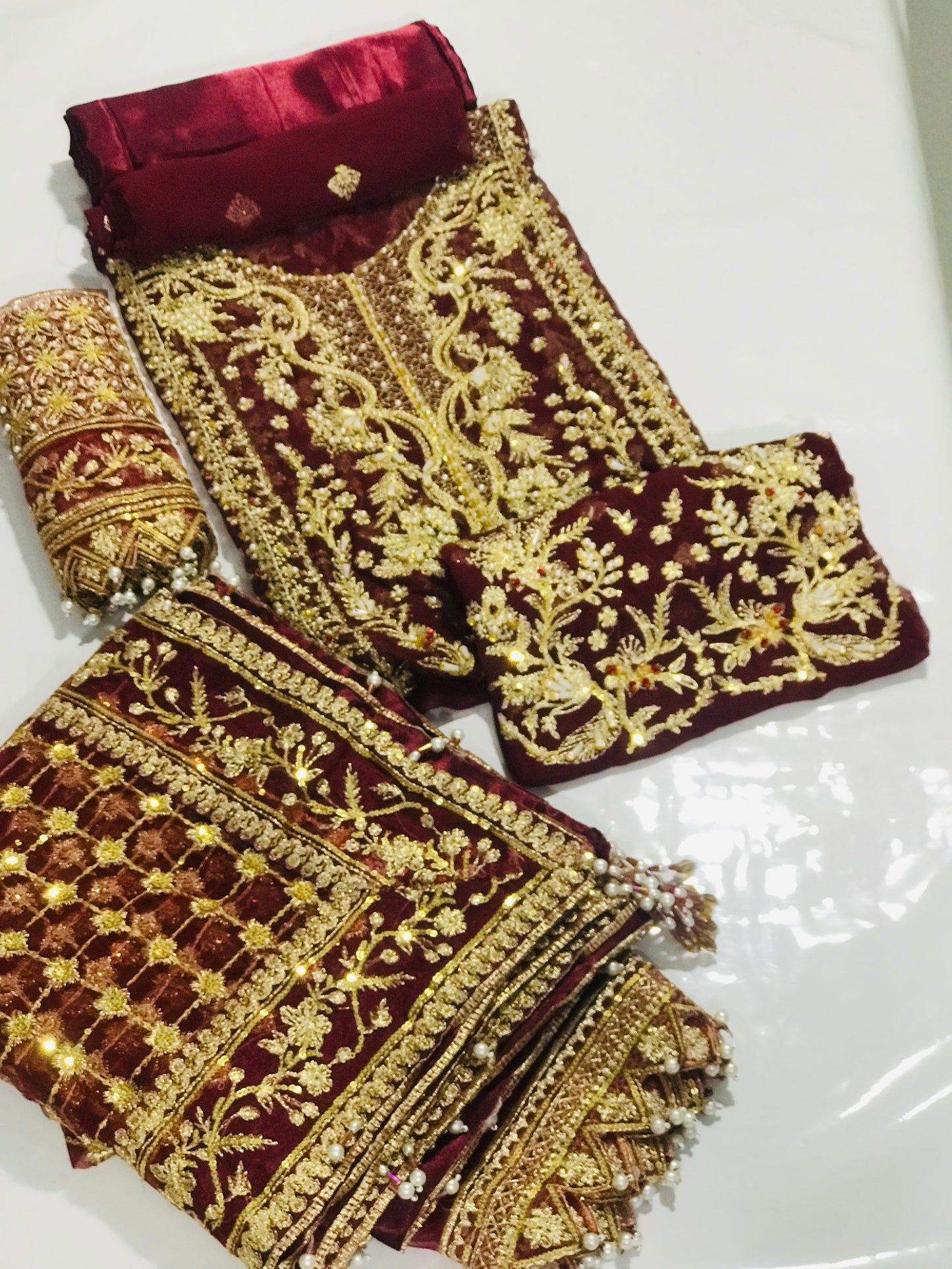 Gulal Valentina" Embroidered Chiffon Shirt with Tilla, Sequins & Pearl Daman + Heavy Zari Jaal Dupatta & Silk Trouser (Ethnic Bridal Wear)